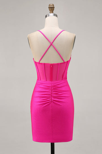 Fuchsia Corset Halter Tight Homecoming Dress